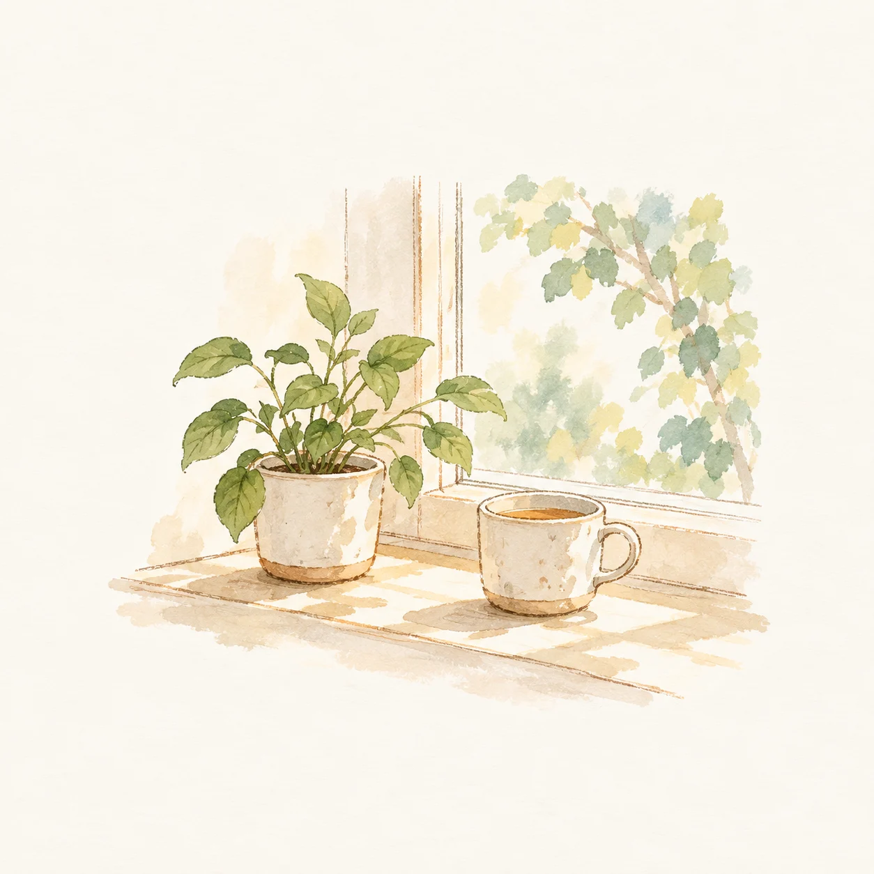 窗边的植物与茶，水彩插画